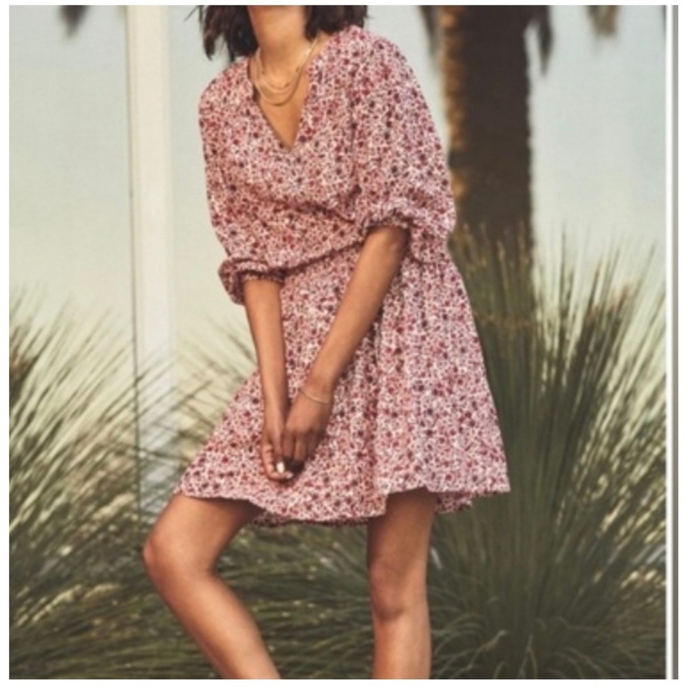 Sundry Evereve Red Floral Smocked Waist V-Neck Cotton Mini Dress Size 3 L